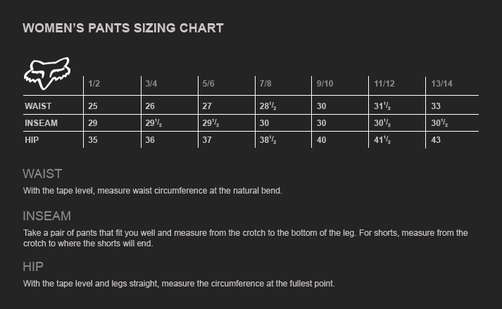 Womens Dirt Bike Pants Size Chart
